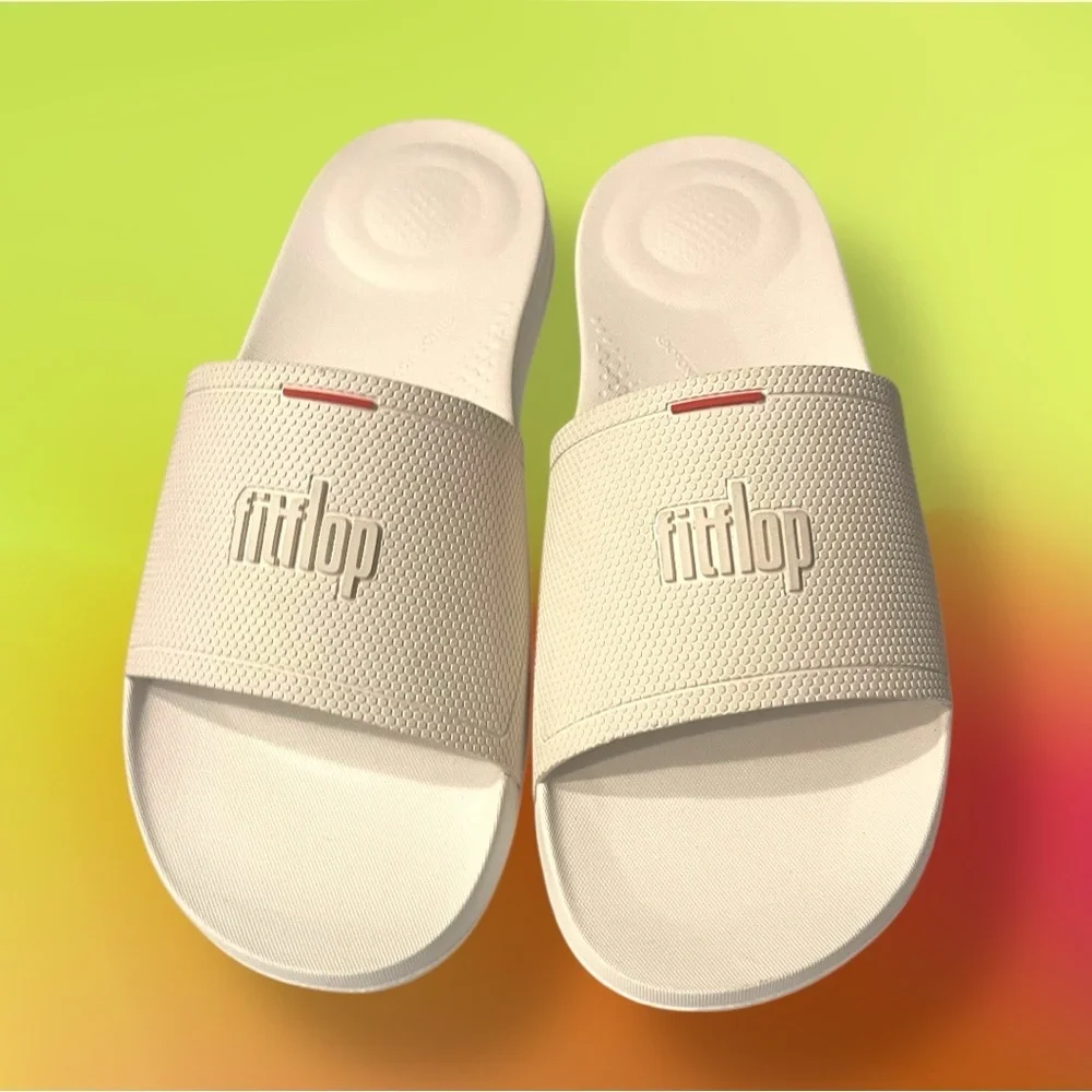 Men's iQUSHION Pool Slides Rubber White Red Size 10